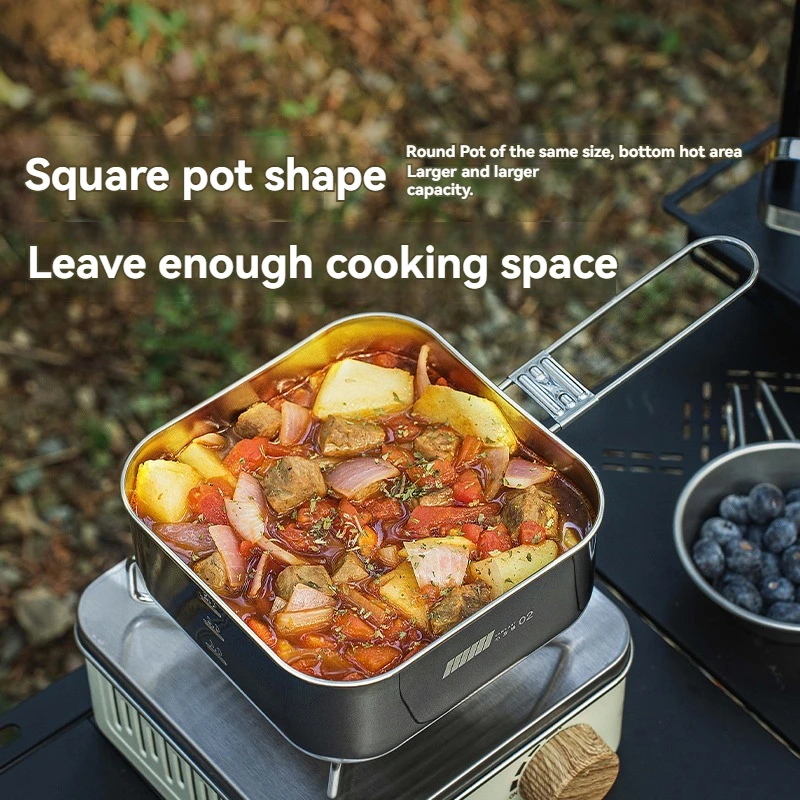 ALOCS Small Square Pot Set for Outdoor Camping Portable Stainless Steel 304 Kettle Pan Cookware