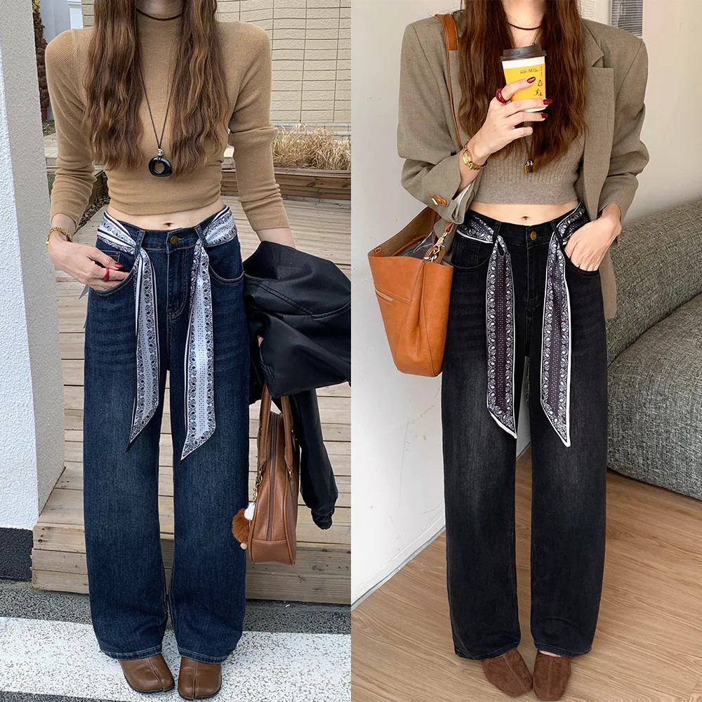 XXXXL Fashion Plus Size Women's Straight Leg Jeans 2025 Autumn Silk Belt Stretched Denim High Waisted Full Length Pants 2536