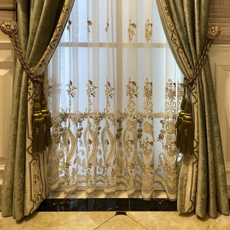 French Light Luxury Fresh Green Velvet Embroidered Lace Stitching High-end Curtains for Living Room Bedroom Villa Custom