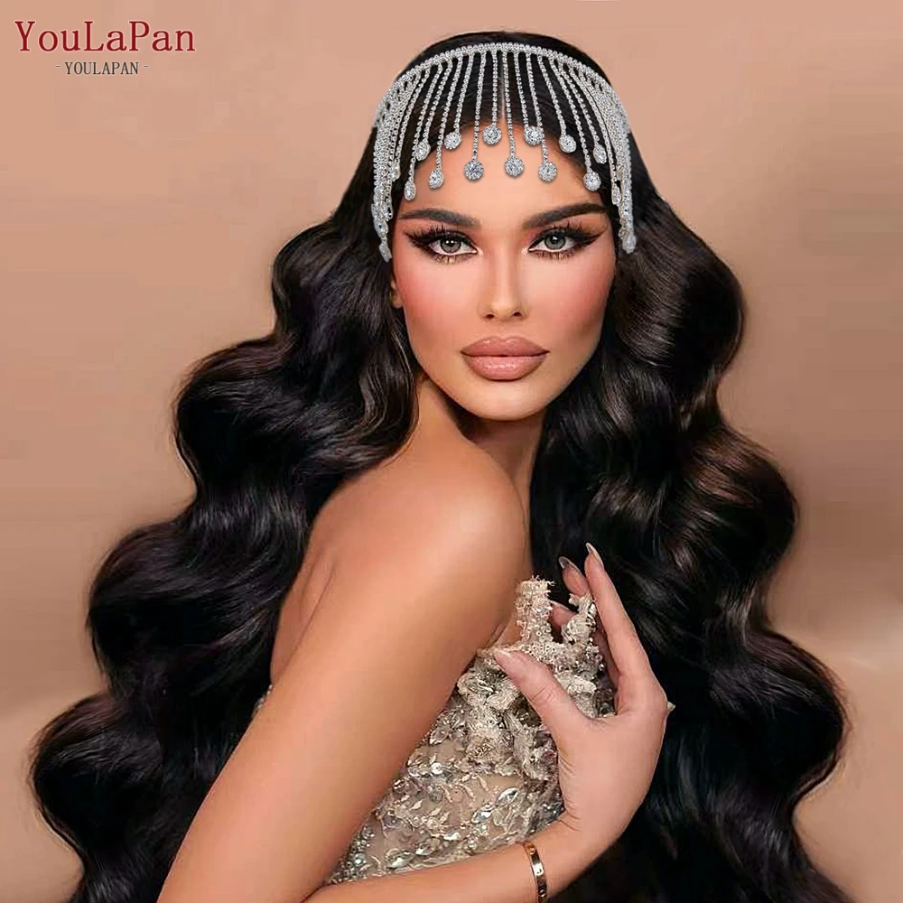 TOPQUEEN Wedding Tassel Headband Forehead Drill Chain Tiara Hair Accessories Bride Headpiece for Party Bridesmaid Gift HP558
