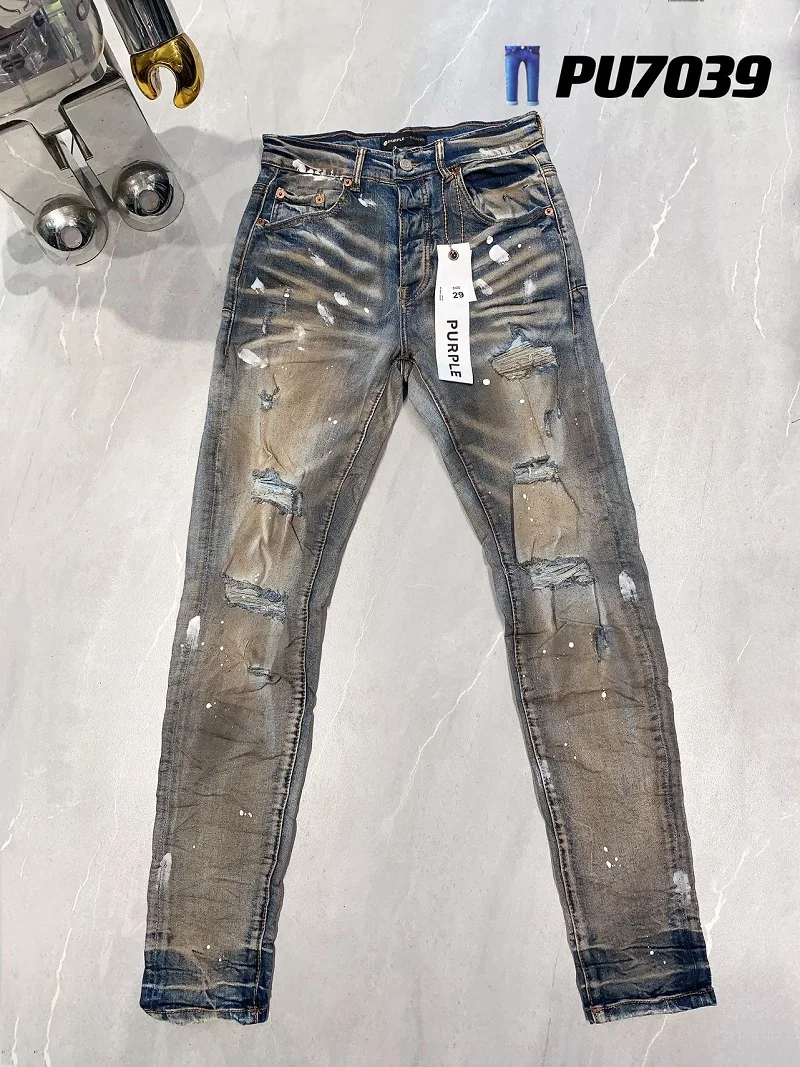 

2023 Men's Slim Fit Streetwear Distressed Skinny Stretch Damaged Destroyed Hole Make Old Ripped Purple Brand Jeans