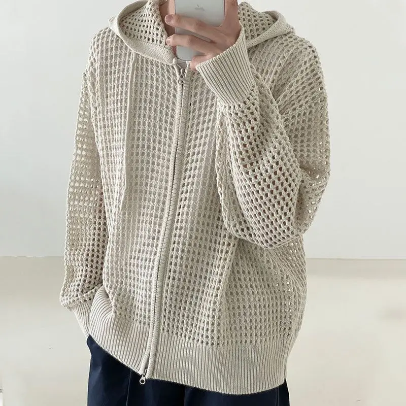 Autumn Niche Hollow Knitted Sweater Men Cardigan Hooded Zipper Long-sleeved Korean Style Trendy Design Sweater Men Cardigan Coat