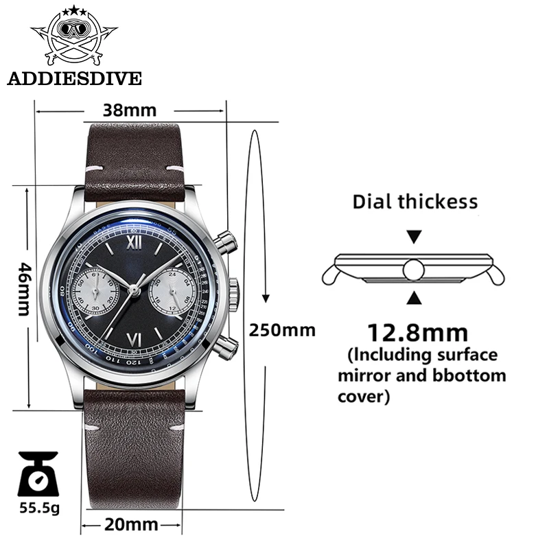 ADDIESDIVE 38MM Watch 60min Chronograph Quartz Watches for Men 100m Waterproof Stainess Steel Dive Wristwatch relogio masculino