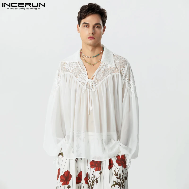

Men Shirt Lace Patchwork Transparent Loose Men Clothing Streetwear Lapel Lace Up 2023 Long Sleeve Fashion Camisas S-5XL INCERUN