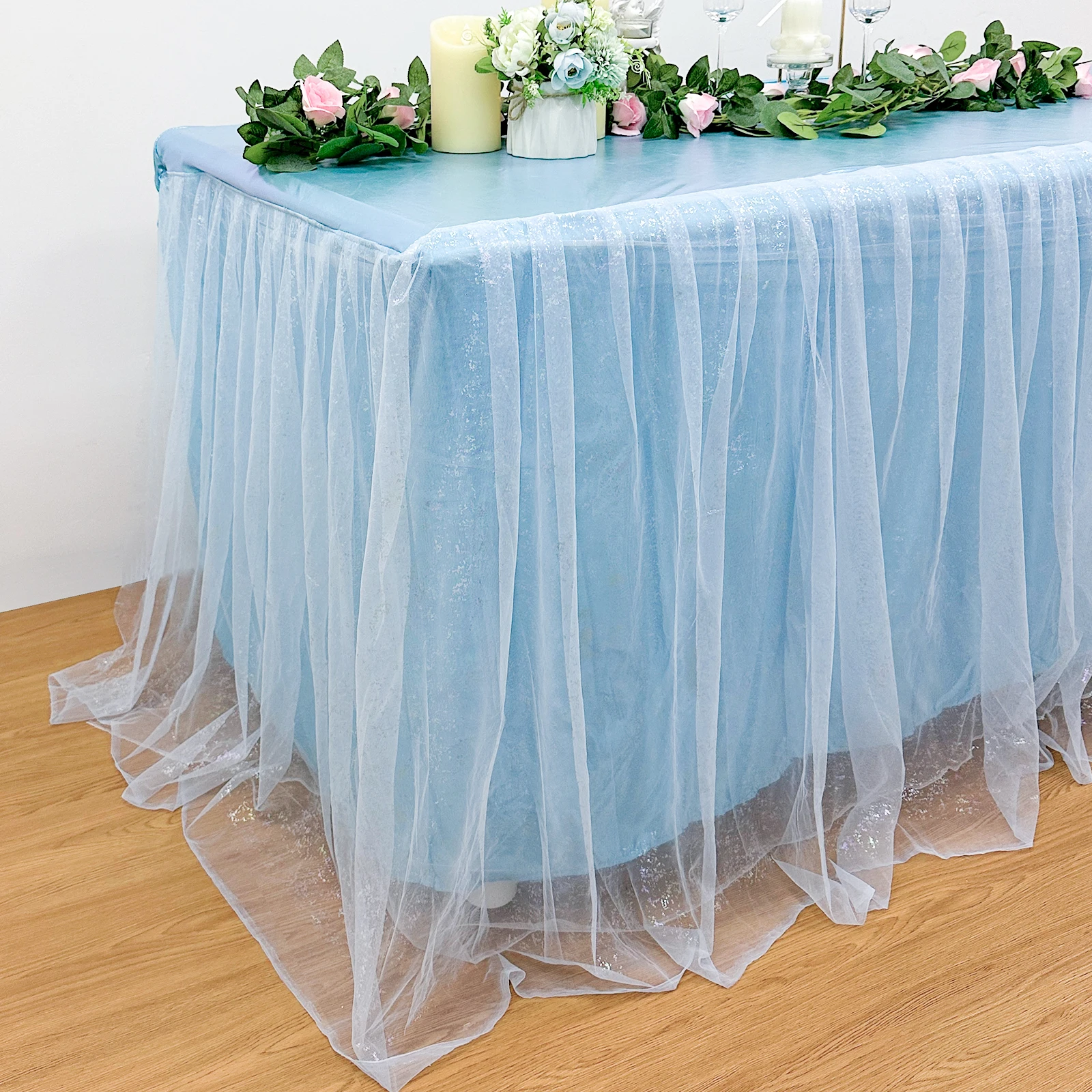 1Pcs Table Skirt Tulle Table Skirts for Rectangle Tables 6ft Desk Skirt Decorations for Baby Shower Wedding Party Gender Reveal