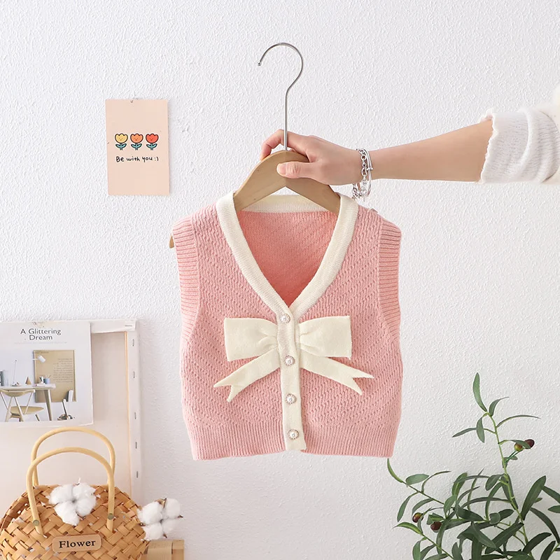 

2-6Years Baby Girls Knit Sweater Vest Spring Autumn Clothes Infant Cardigan Waistcoat Cotton Children's Casual Bow Clothing Top