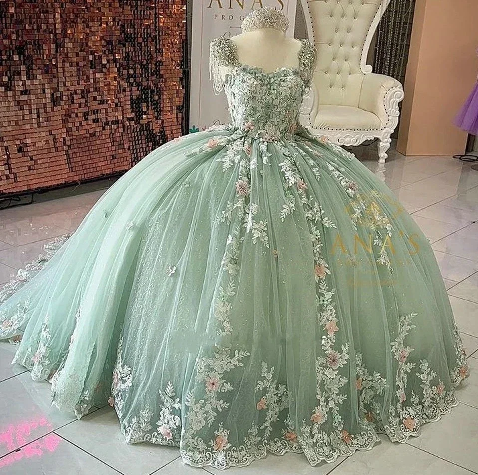 

Очаровательное зеленое платье Золушки Quinceanera с блестящими 3D цветами, аппликация, искусственное милое 16 принцесс, блестящее бальное платье