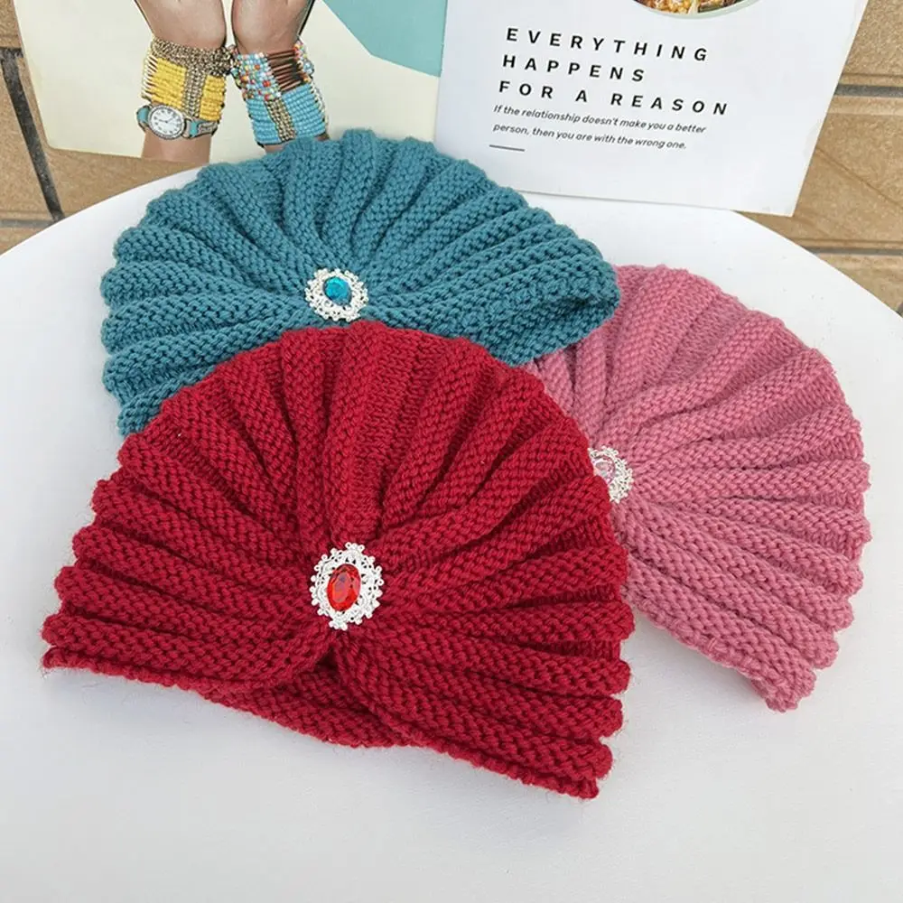 Fashion Winter Warm Hijab Caps Thick Soft Bohemia Turban Diamond Jewelry Wool Knitting Knitted Hats for Women 5