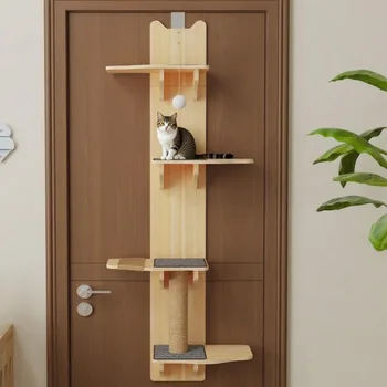 4-Levels Cat Climber Hanging on The Door Cat Integrated Climbing and Jumping Platform Solid Wood Hanging Door Cat Climbing Frame
