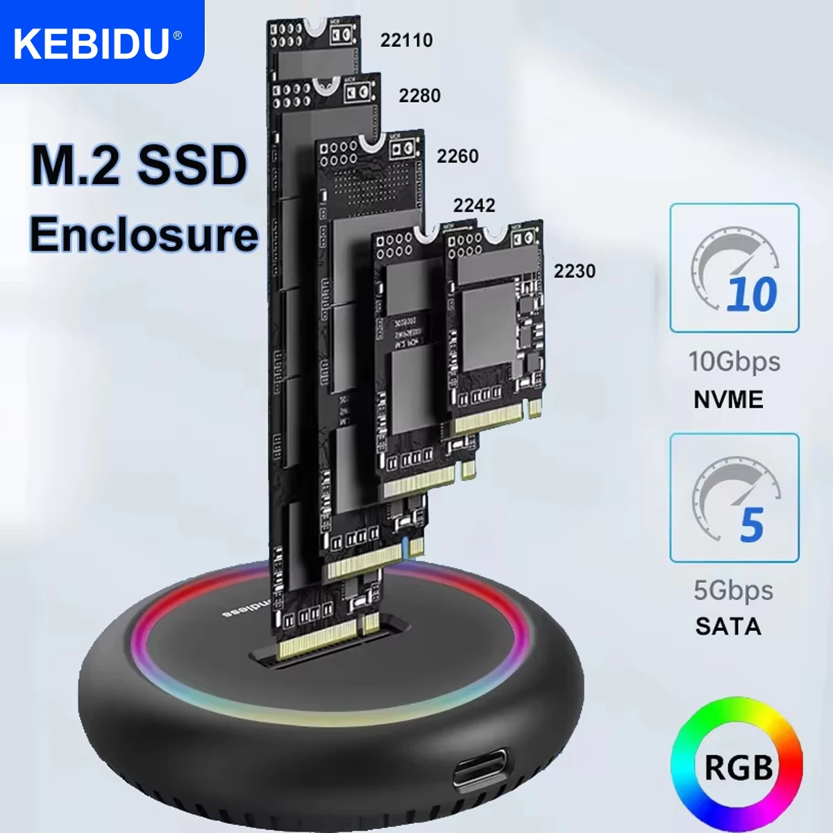 M.2 PCIE SSD Case NVME SATA Dual Protocol Docking Station RGB LED Light USB C SSD Enclosure Adapter Support M and B and B&M Keys