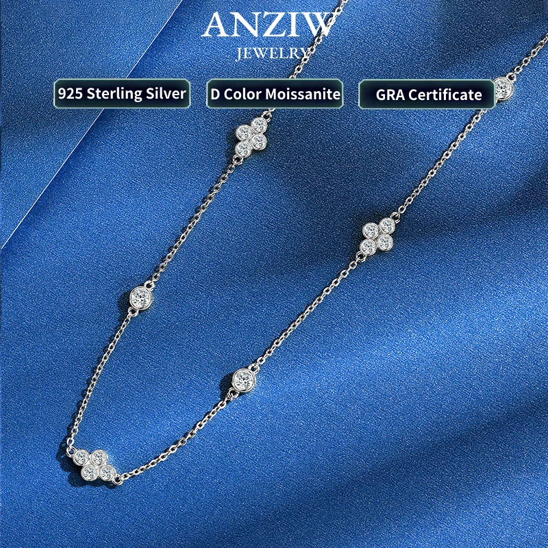 Anziw Full Moissanite Flower Necklace Clavicle Chain Adjustable 925 Silver Plated 18k Gold Women's Choker Jewelry Valentine Gift moissanite necklace rope chain necklace