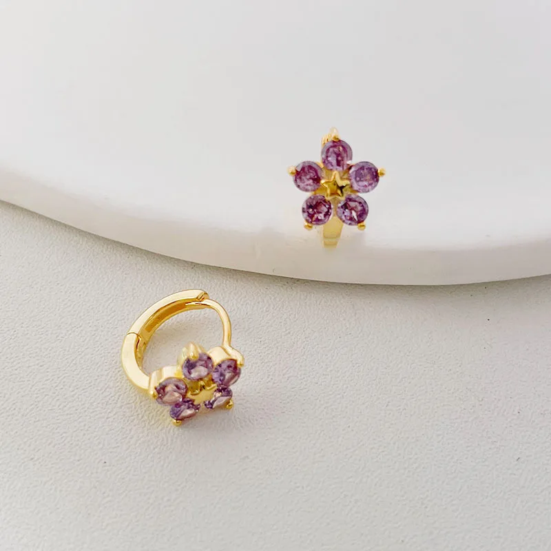 Amethyst Purple Flower Huggie Hoop Earrings In Sterling Silver, Tiny C – Silver Rain Silver - Foto 2
