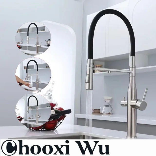 CHOOXIWU - กรองน้ําก๊อกน้ําห้องครัวสีดําดึงลงยืดหยุ่น Sprayer ทองเหลือง 360 หมุน Purification Pure Water Mixer Tap 3 Way ก๊อกน้ํา 4