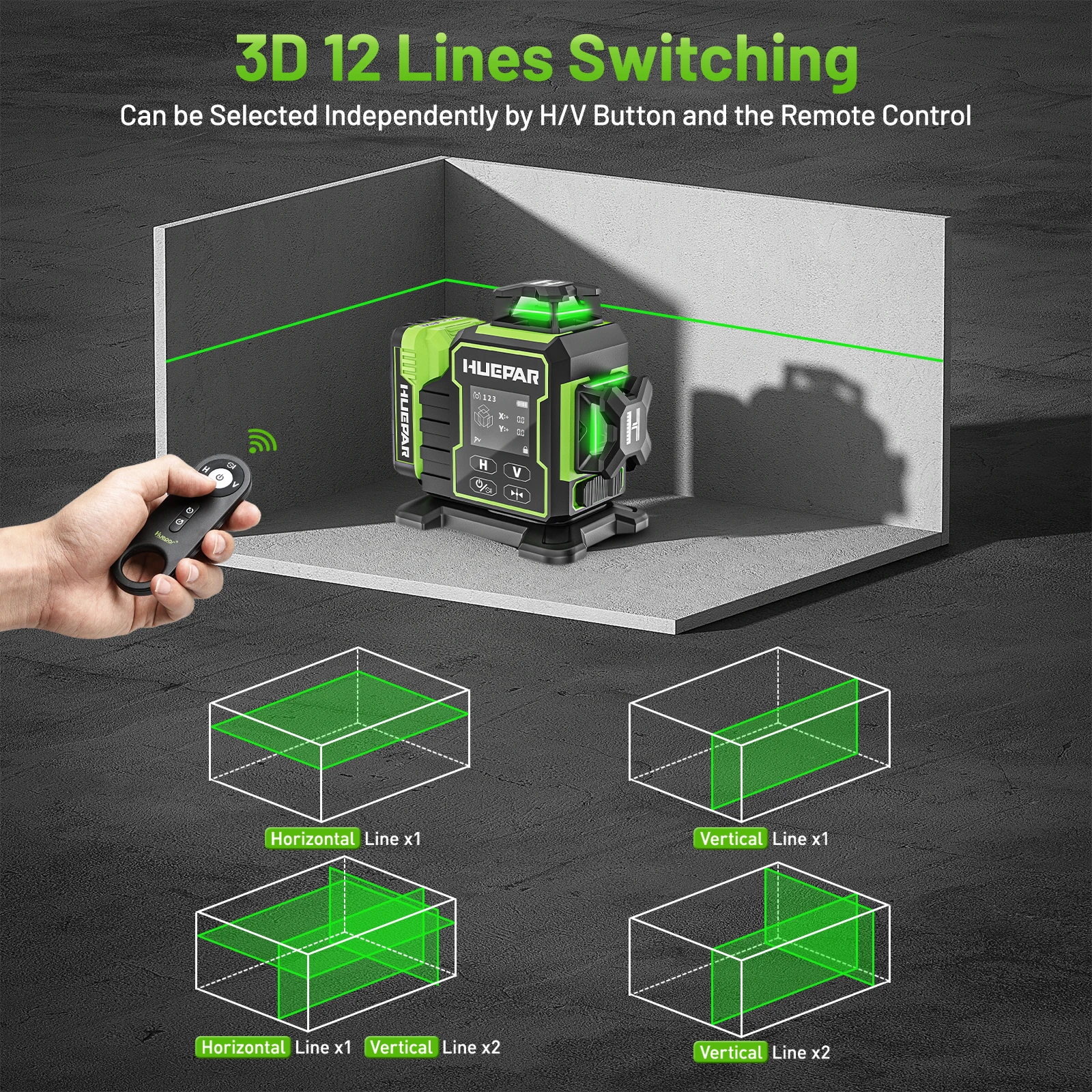 Huepar クロスライン用の3Dレーザーレベル12ライン osramグリーンレーザー セルフレベリング 360垂直水平および三脚レベリング SET-5 Huepar 1年間保証 2×360°グリーンレーザー墨出し器 クロス