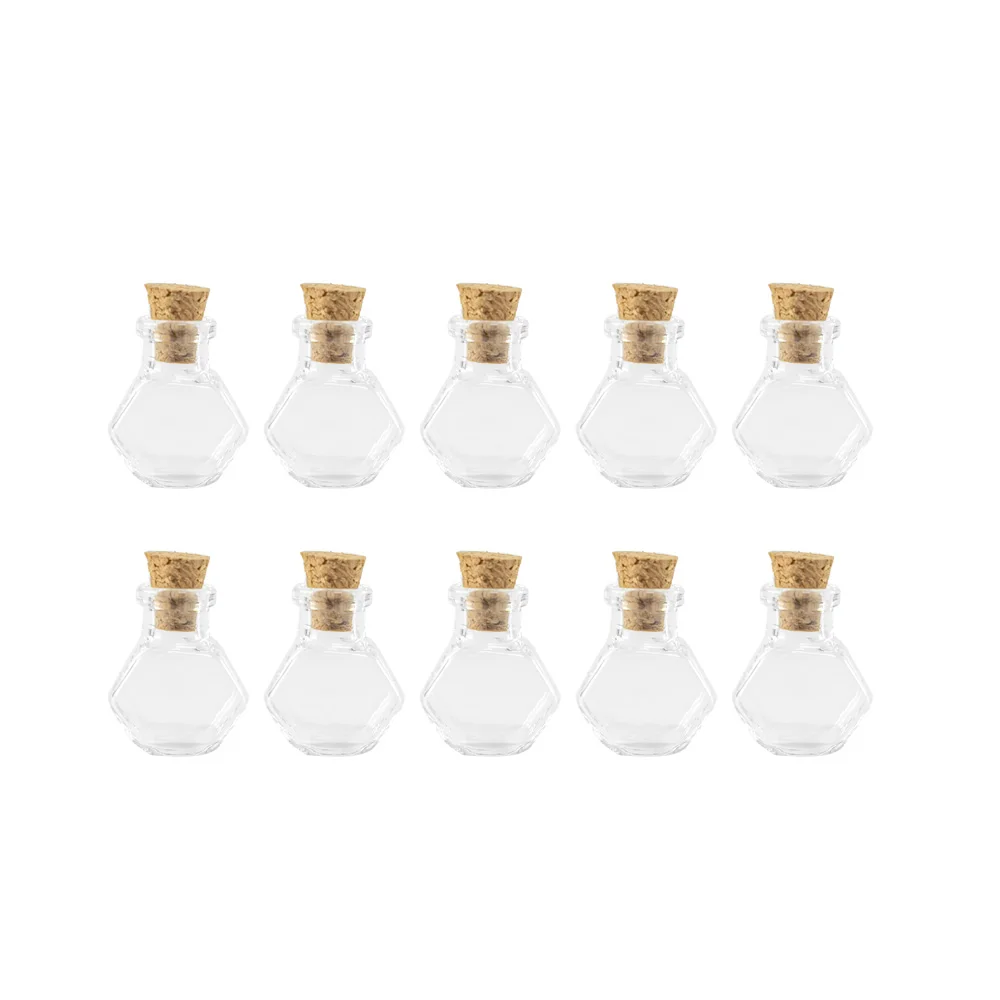 10pcs Mini Glass Flask Bottles With Cork Clear Clour Tiny Hexagon Shape Cute Small Jars Vials DIY Gift
