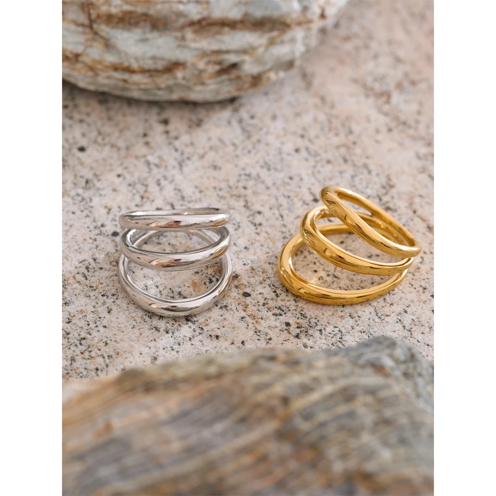 Yhpup Distinctive Stainless Steel Layered Geometric Finger Ring