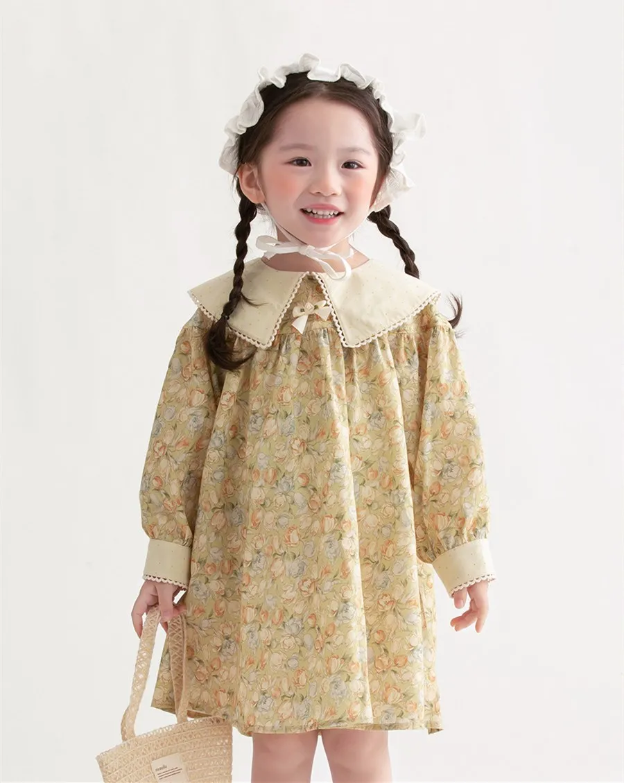 

baby girl clothes girl dress Big lapel girl floral pattern straight tube dress long sleeved pastoral style French dress