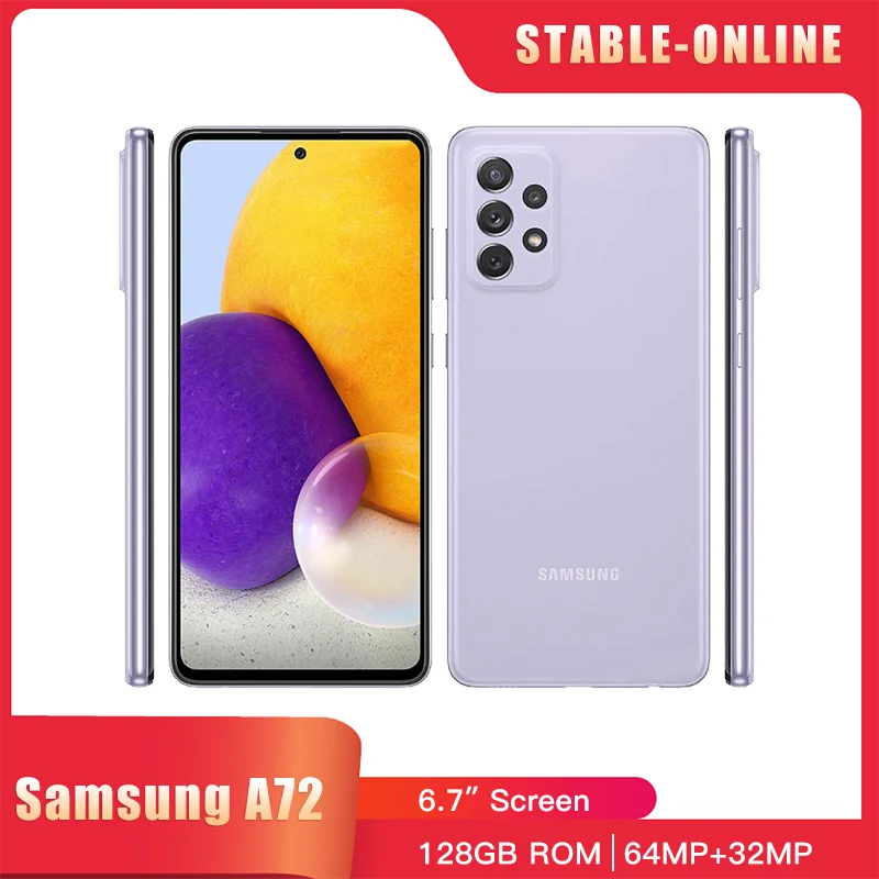 

Original Samsung Galaxy A72 A725F 4G Mobile Phone Dual SIM 6.7'' 6GB RAM 128GB ROM NFC CellPhone 64MP+32MP Octa-Core SmartPhone