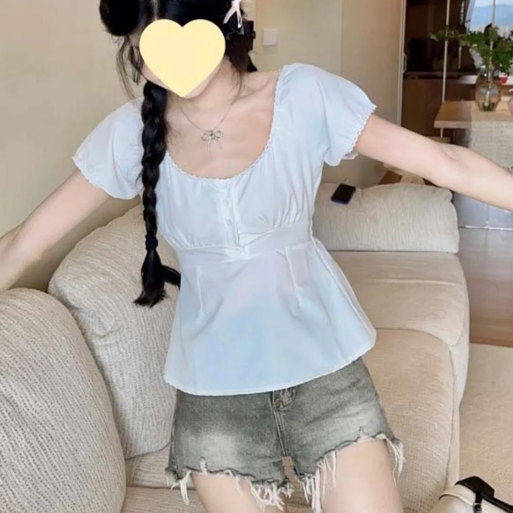 Description Picture 4 of itemShort Sleeved Female Low-necked Tops Shirt Commuting Bottoming Shirt Korean Ins Style White Short T-shirts Thin White