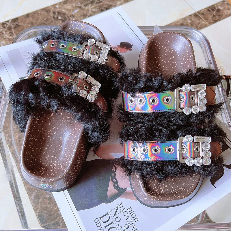 

European Station New Women's Casual Slippers Korean Version Of The Trend Wool Rhinestone Home Fashion Fur Sandals 2023