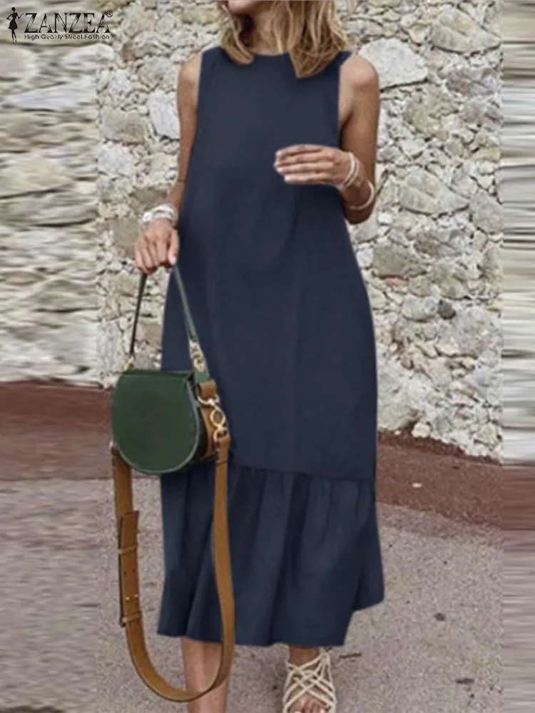 

2023 ZANZEA Fashion Sleeveless Tank Dress Summer Female Elegant Solid Sundress Woman Ruffles Hem Dresses Casual Beach Vestidos