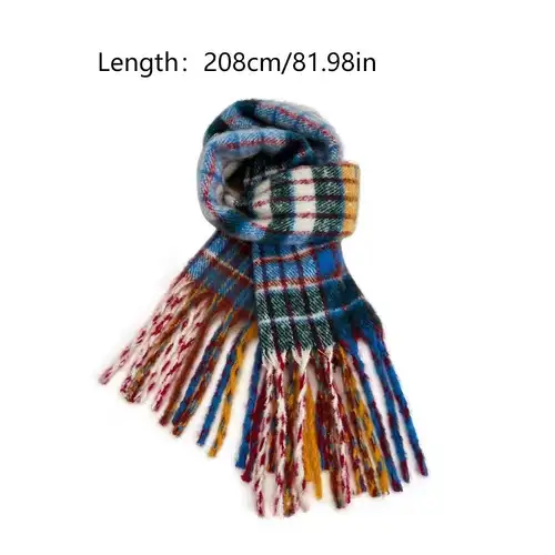 Retro Tassel Plaid Wool Scarf Plush Cashmere Shawl Winter Cashmere Scarves Solid Color Rainbow Color Cape Wraps Women/Men - Image 6