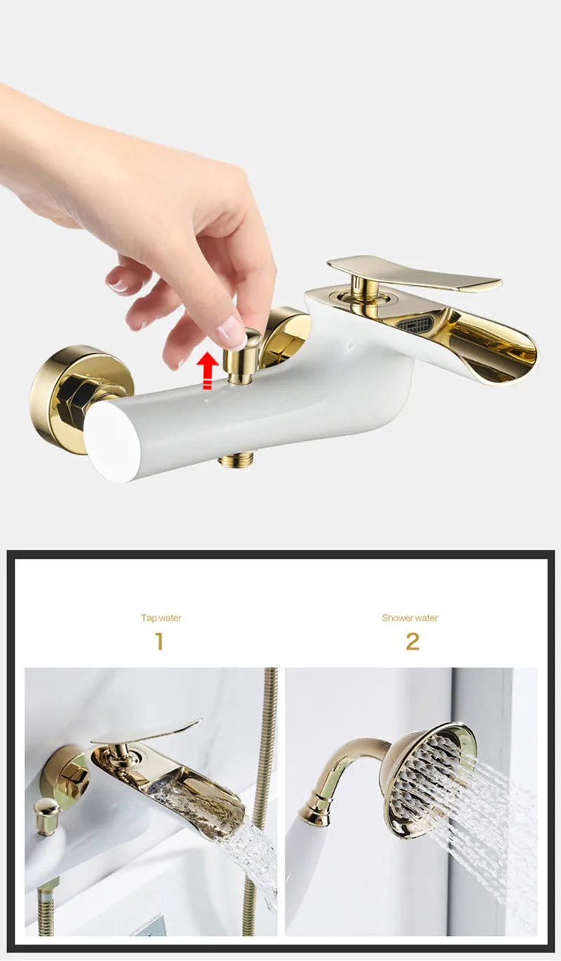 Description Picture 3 of itemBath And Shower Faucet Set Waterfall Brass White Gold Simple Shower Hot and Cold Faucet Wall Mounted Bathroom Mixer Set
