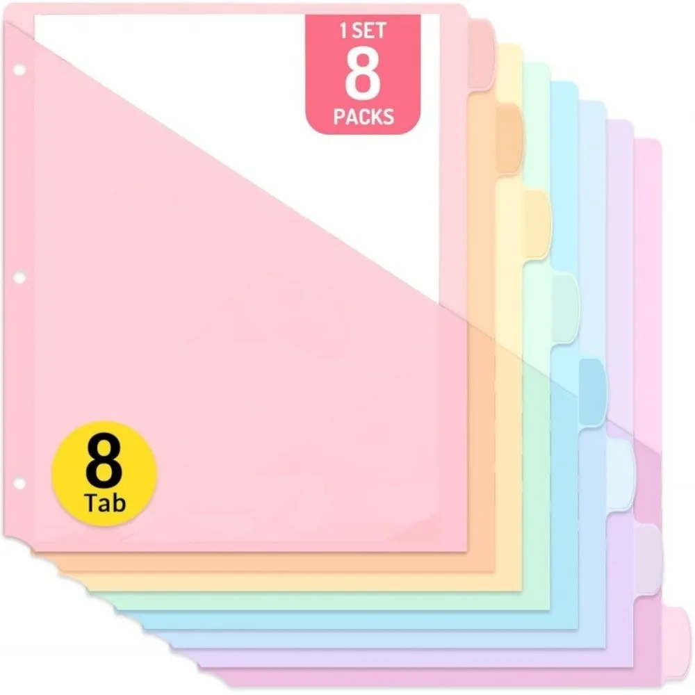 8개 A4 파스텔 바인더 디바이더 3링 바인더 8탭 디바이더 플라스틱 파일 폴더 싱글 포켓 싱글 포켓 디바이더 학교용