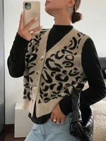 Women's New Autumn and Winter Fashion Elegant V Neck Open Placket Collar Button Sleeveless Leopard Print Stylish Unique Niche De - Image 5