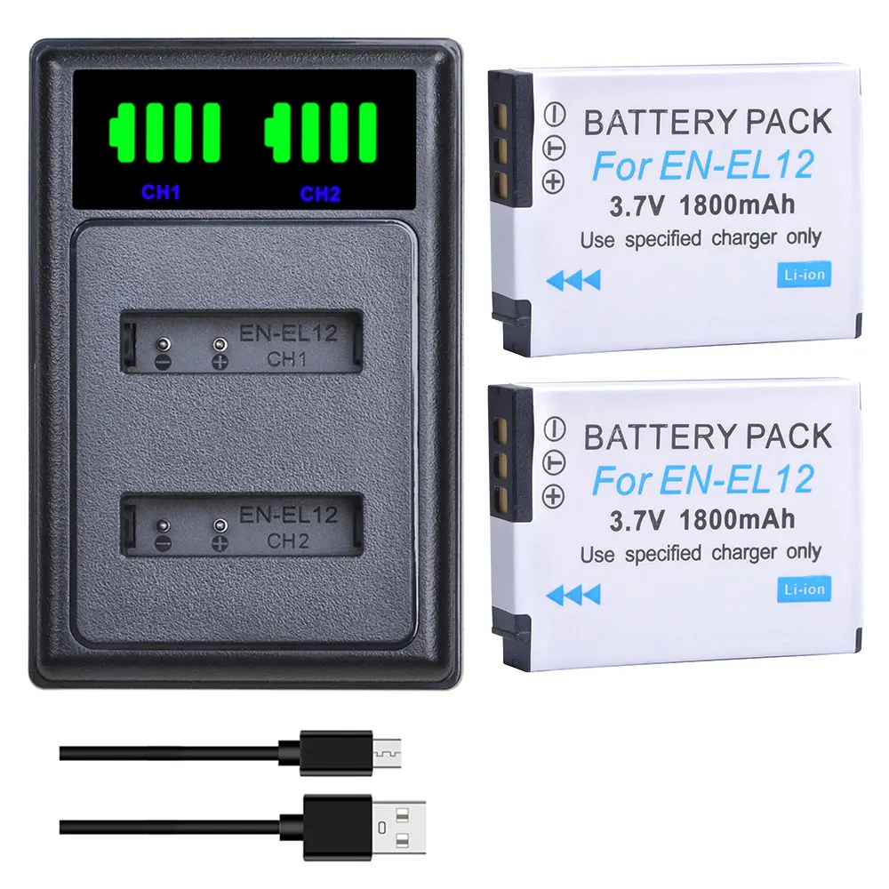 

2Pc EN-EL12 ENEL12 Battery Bateria for Nikon Coolpix S9700 S9500 S9400 S9300 S9100 + LED USB Dual Charger with Type C Port