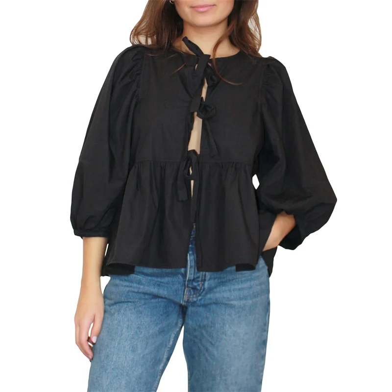 Camisas Y2K para mujer, ropa estética, elegante, color sólido/rayas, manga 3/4, cárdigan con lazo, blusa de los años 2000, ropa de calle