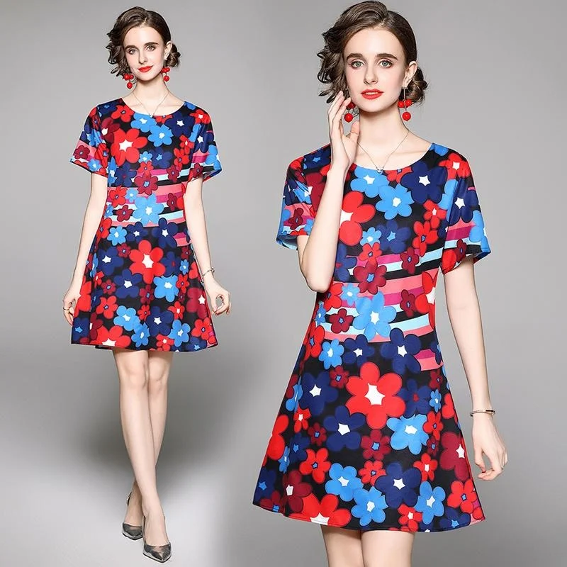 

Short Soferable Sleeve Dresses For Summer Colorful Flower Printed Bodycon Pullover Skirts Glam Knee Length Casual Vestidos