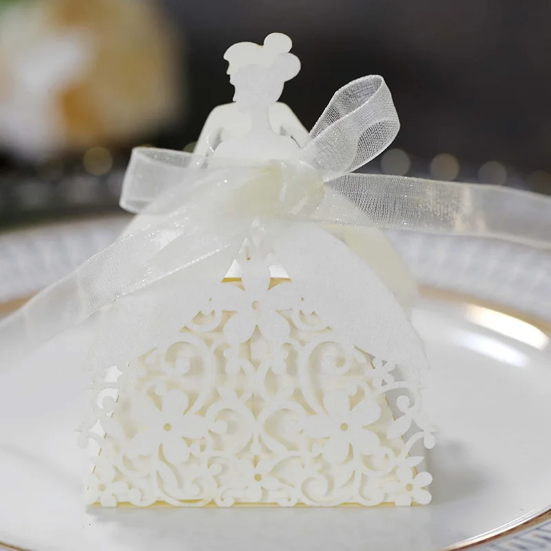 Laser Cut Pearl Paper Gift Boxes with Ribbon – Elegant Candy Chocolate Packaging for We... - SKU GBR17058 - UGI Packaging