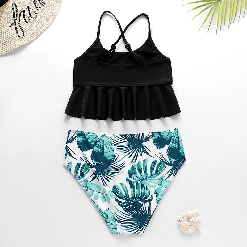 5-14Years Print Kids Girls Bikini Set Ruffle Baby Kids High Waist Swimsuit Summer Students Child Swimwear Biquini Infantil