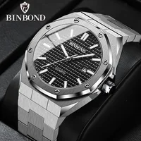 BINBONG-Montre-bracelet à quartz en acier inoxydable pour homme, grand cadran, argent, calendrier, classique, marque supérieure, horloge masculine, mode décontractée, B0ram 1