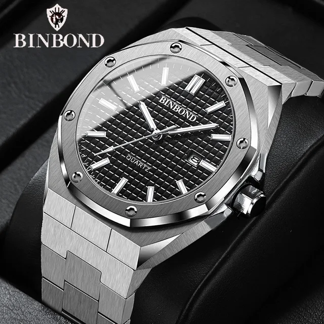 BINBONG-Montre-bracelet à quartz en acier inoxydable pour homme, grand cadran, argent, calendrier, classique, marque supérieure, horloge masculine, mode décontractée, B0ram 1