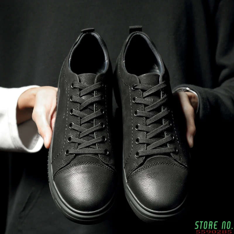 

Мужские кожаные кроссовки, повседневная обувь из натуральной воловьей кожи, на шнуровке, черные, весна