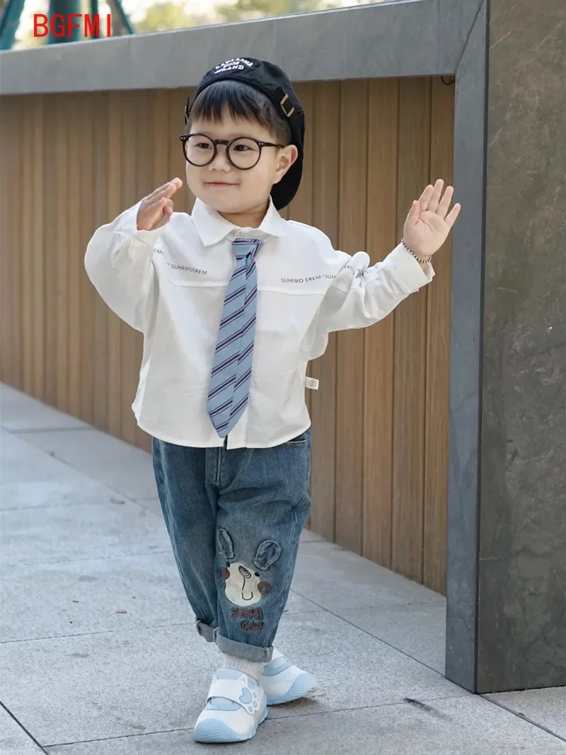 Children's Shirt Preppy Style Spring and Autumn New Boys Girls cotton Letter Tie Long Sleeved White Blouse Kids Loose Casual Top