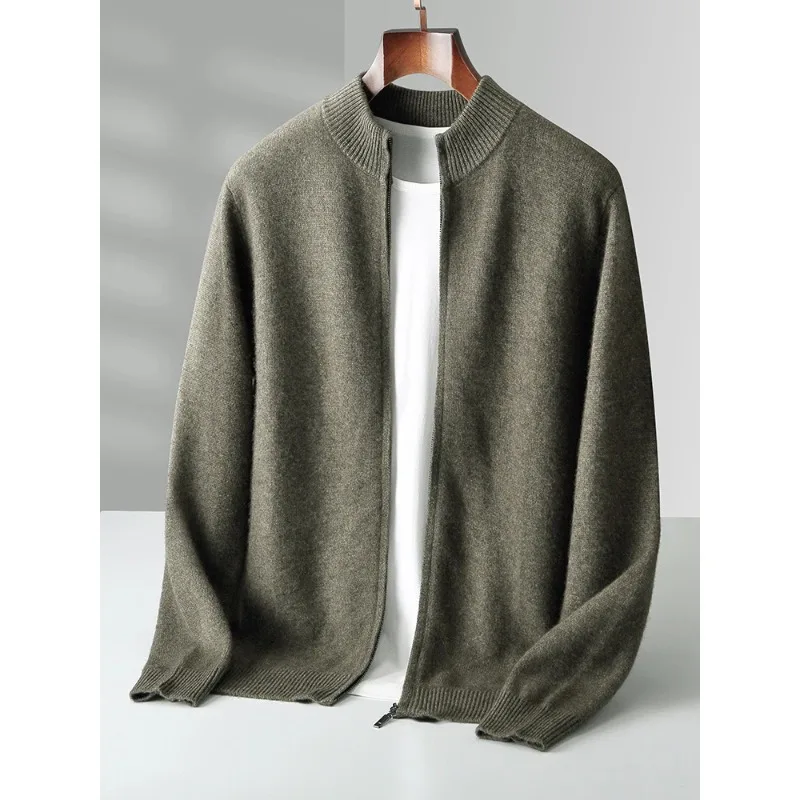 Autumn Winter Men's Wool Cardigan Zippers Mock Neck Long Sleeve Cashmere Sweater Warm Knitwear Thick Soft Clothing