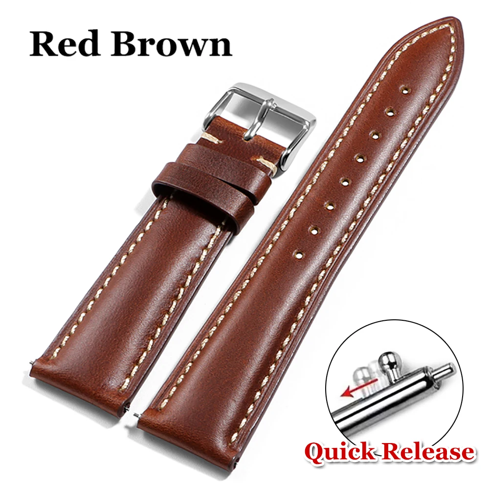 Vintage Brown Oil Wax Leather Watch Strap with Pin Buckle - Head Layer Cowhide