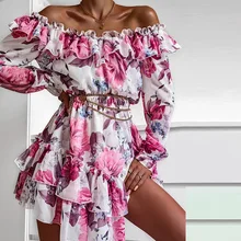 

Women Summer Sexy Off Shoulder Ruffle Mini Dress Elegant Slash Neck Party Dress Casual Vintage Floral Print Ladies Beach Dresses