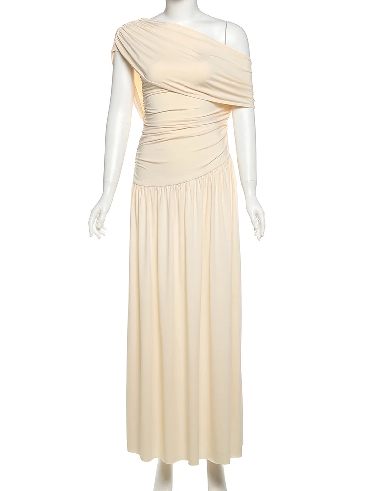 Nibber Patchwork Dress Women Inclined Shoulder  Y2K Sexy Irregular Ruched Stretch Summer Temperament Classic Vestidos Clubwear