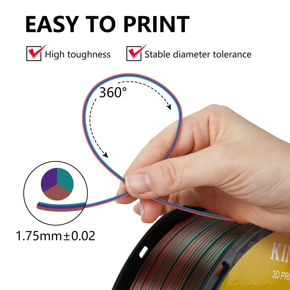 3 색 3D 프린터 필라멘트 실크 PLA 3 색 무지개 다색 3D 인쇄 플라스틱 재료, 1.75mm 1kg 스풀, 거품 없음