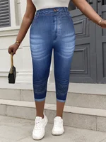 plus Size Faux Denim Print Capri Leggings High Stretch Comfortable Mid-Calf Knit Pants for Casual Wear - Image 2