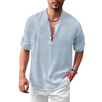 2025 Camicia Henry da uomo in lino autunno e inverno, colletto alla coreana, manica lunga, casual da spiaggia 1