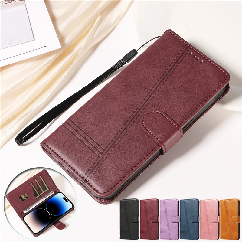 Retro Lines Leather Flip Stand Wallet Case with Card Slot
