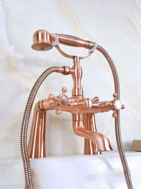 Deck Mount Claw-foot Bathtub Faucet Tub Filler Handheld Shower Antique Red Copper Brass Dual Cross Handles ana159 5