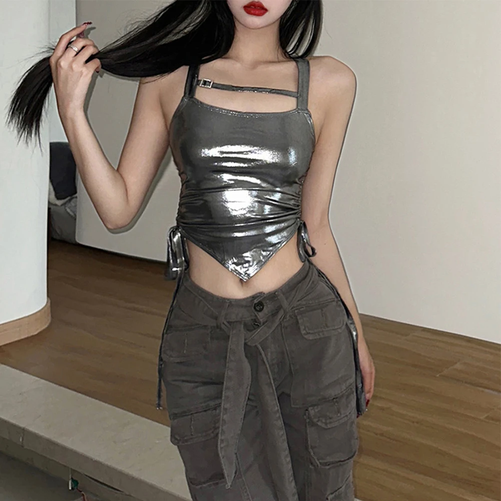

Женская сексуальная Блестящая Серебристая блузка с квадратным вырезом, однотонная облегающая одежда без рукавов с боковой шнуровкой, топы, майка, жилет