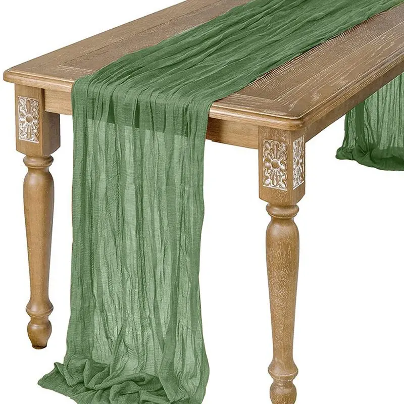 Rustic Boho Green Gauze Table Runner and Cheesecloth Table Decor