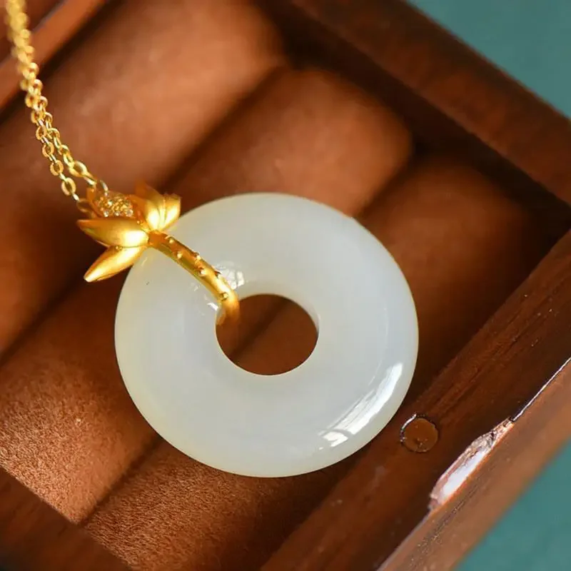 Independent design Hetian jade rings for women golden lotus necklace pendant ladies jewelry